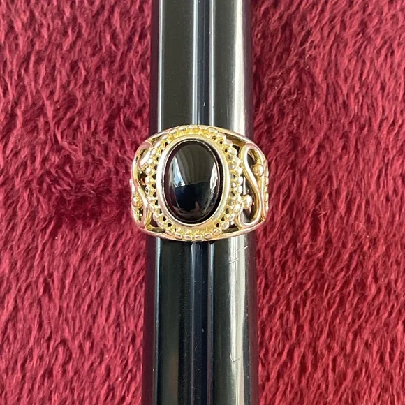 RJ Graziano Sterling Silver 925 Swirl Black Onyx Oval Cabochon Ring size 5-1/2 - Picture 1 of 5